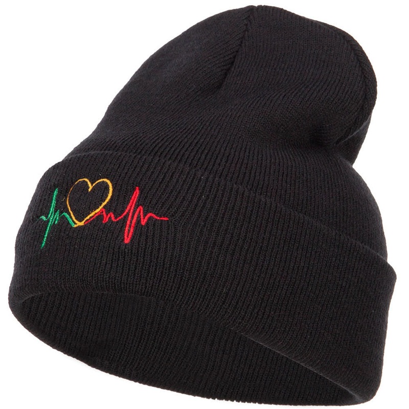Rasta Heart Beat Embroidered Long Beanie Black One Size