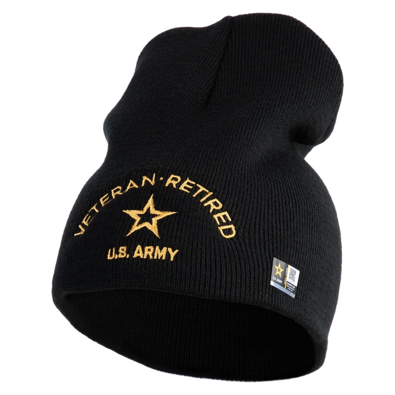 Star US Army Veteran Retired Symbol Embroidered 8 Inch Solid Knit Short Beanie Made in USA Black One Size