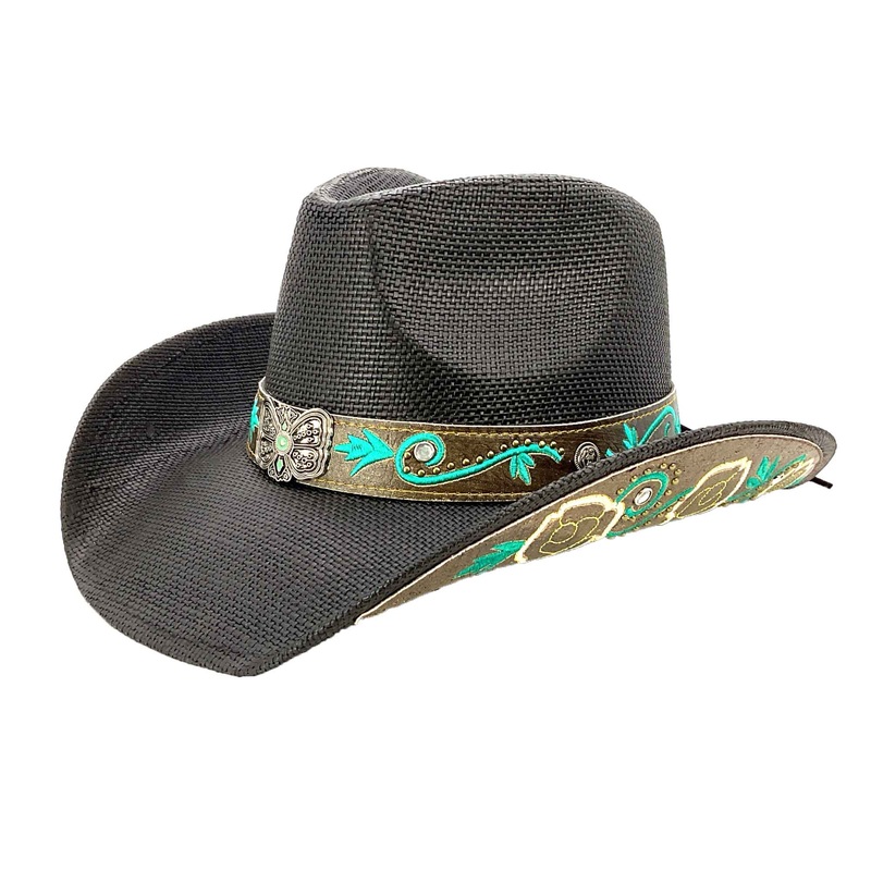 Straw Cowboy Hat with Turquoise Embroidered Band – Milani Hats Black M/L