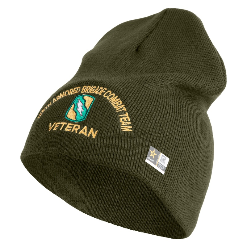 U.S. Army 155th Armored Brigade Combat Team Symbol Embroidered 8 Inch Solid Knit Short Beanie Made in USA Olive One Size