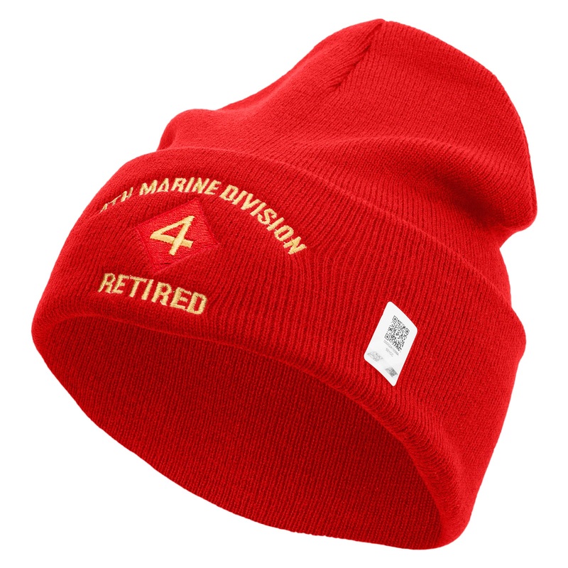 4th Marine Division Retired Logo Embroidered 12 Inch Solid Knit Cuff Long Beanie Made in USA Red One Size