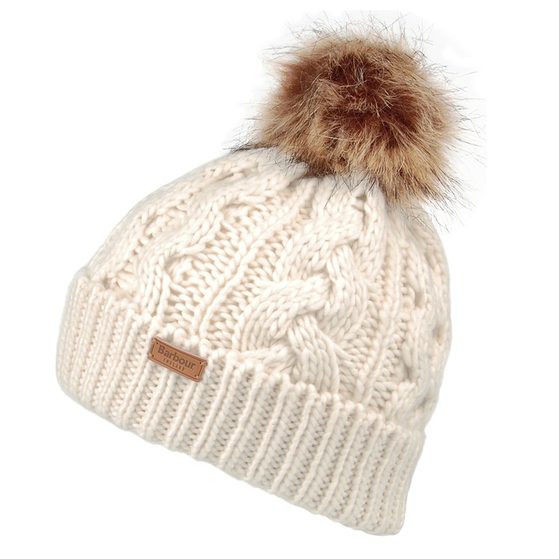 Barbour Hats Penshaw Cable Knit Faux Fur Pom Bobble Hat – Cream 1-Size