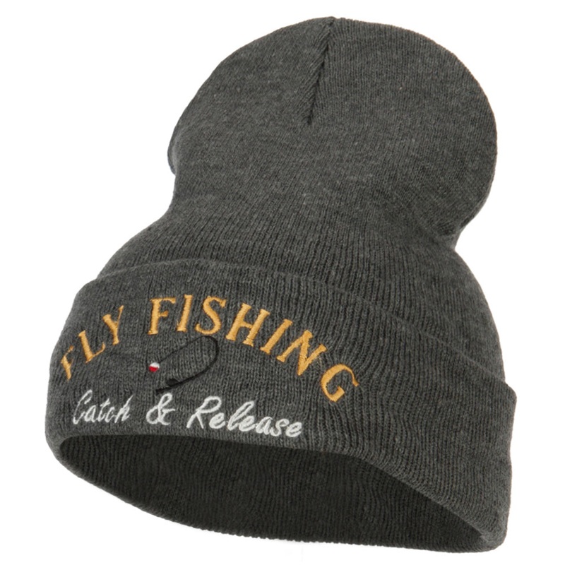 Fly Fishing Catch and Release Embroidered Long Beanie Dk Grey One Size