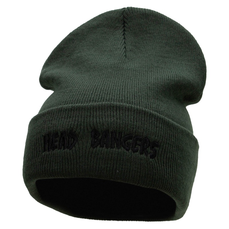 Head Bangers Embroidered 12 Inch Long Knitted Beanie Olive One Size