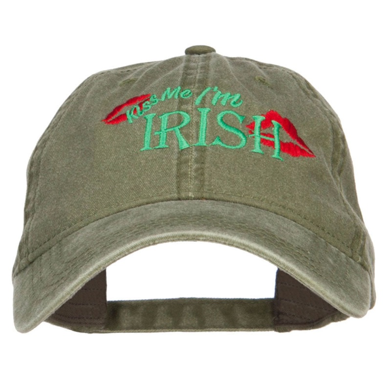 Kiss Me I’m Irish Embroidered Washed Cap Olive One Size