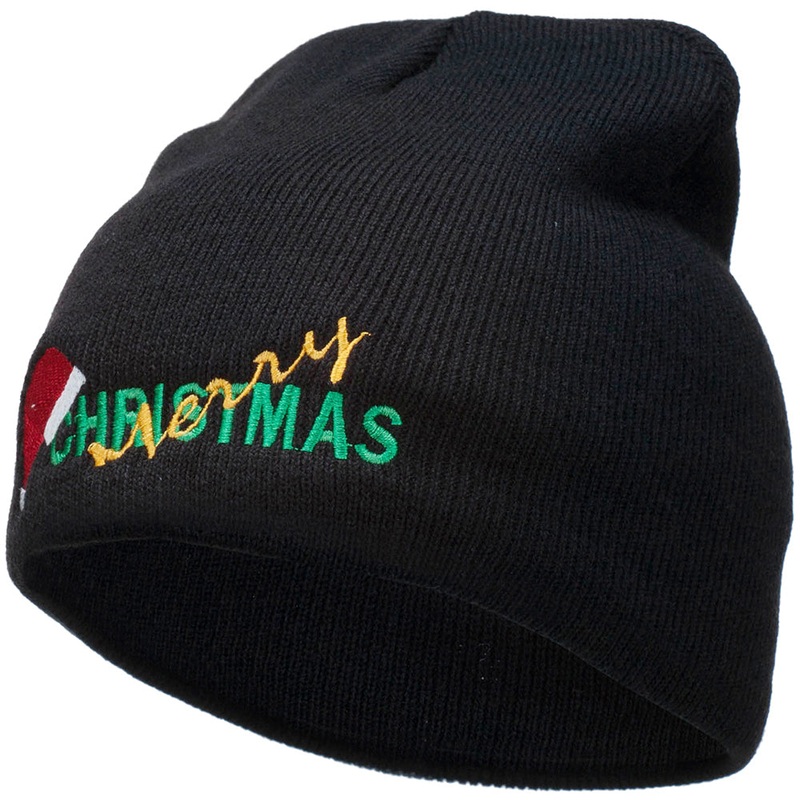 Merry Christmas Santa Hat Embroidered Short Beanie Black One Size