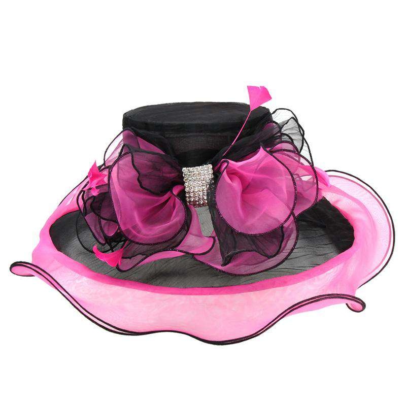 Two Tone Organza Hat with Rhinestone Accent – Sophia Collection Fuchsia