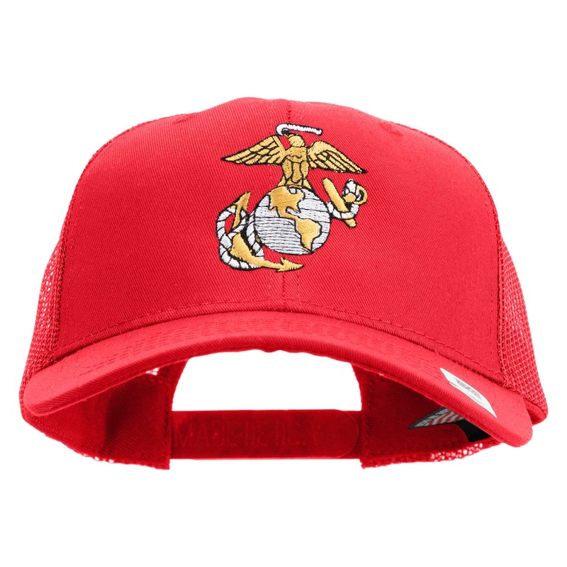 US Marine Corps Emblem Embroidered 6 Panel Structured Cotton Twill Mesh Cap Made in USA Red One Size
