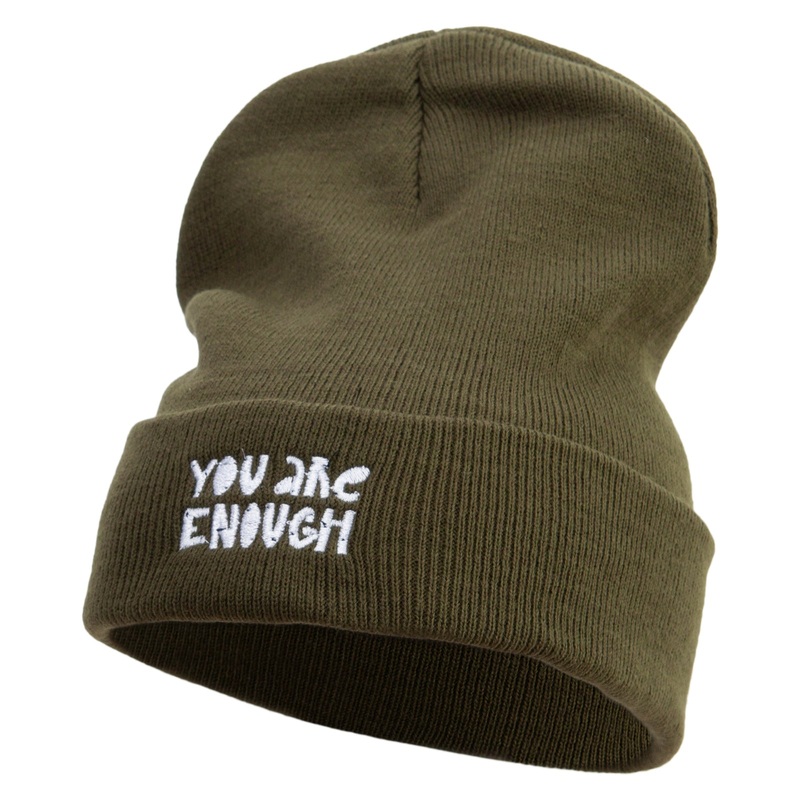 You Are Enough Embroidered 12 Inch Long Knitted Beanie Olive One Size