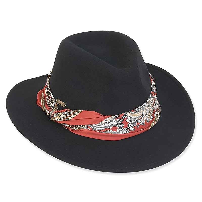 Adora Wool Hat – Wool Felt Safari Hat with Satin Scarf Trim Black