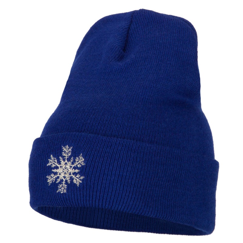 Glitter Snowflake Embroidered Knitted Long Beanie Royal One Size