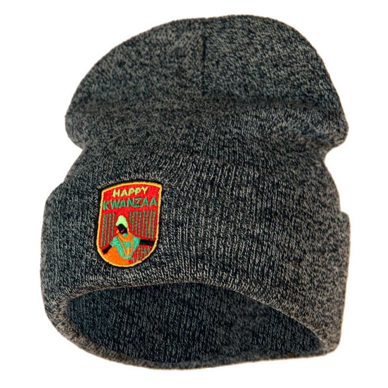 Happy Kwanzaa Badge Embroidered Knitted Long Beanie Black Marled One Size