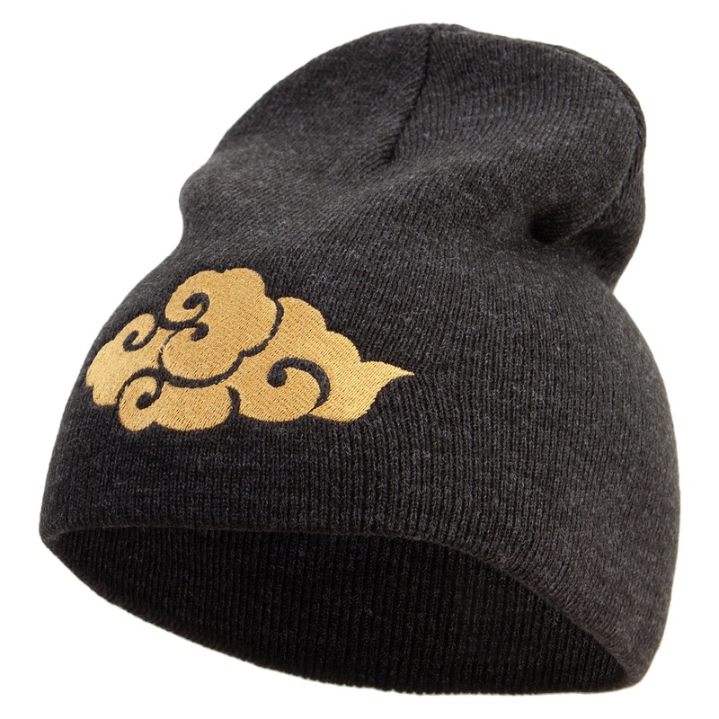 Japanese Style Cloud Embroidered 8 inch Acrylic Short beanie Charcoal One Size
