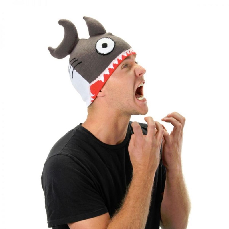 Shark Attack Knit Beanie Hat GREY ONE SIZE FITS MOST