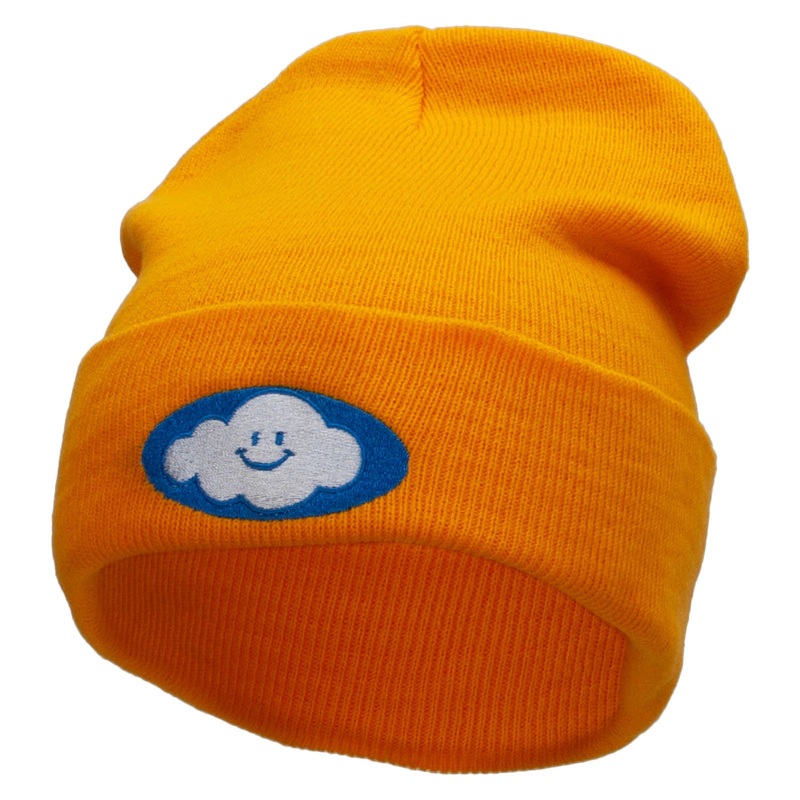 Smile Cloud Embroidered 12 Inch Long Knitted Beanie Yellow One Size