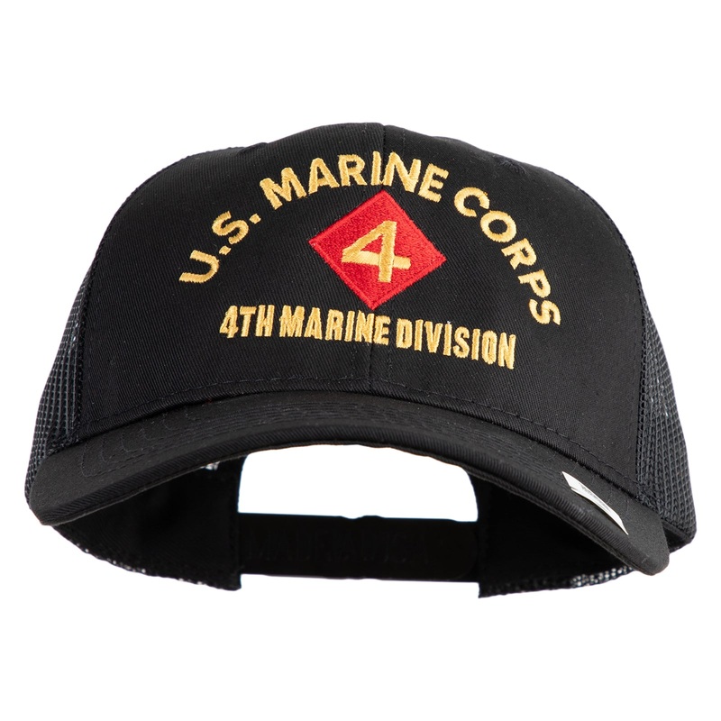 U.S. Marine Corps 4th Marine Division Embroidered 6 Panel Structured Cotton Twill Mesh Cap Made in USA Black One Size