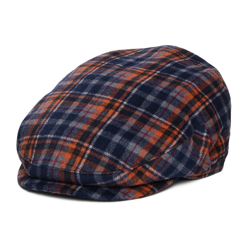 Bailey Hats Wickes Plaid Flat Cap With Earflaps – Navy-Orange S