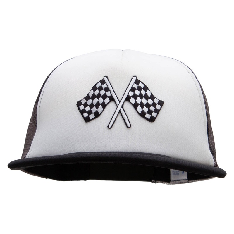 Checkered Flags Racing Patched Flat Bill Foam Camo Mesh Trucker Cap White City One Size