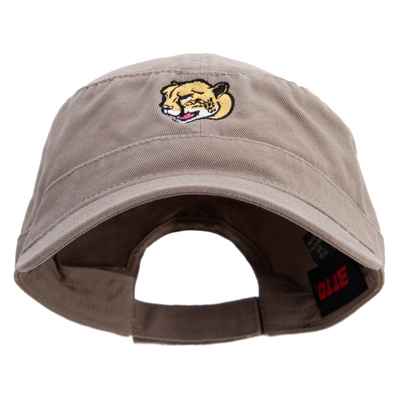 Cheetah Head Embroidered Garment Washed Adjustable Army Cap Dk Khaki One Size