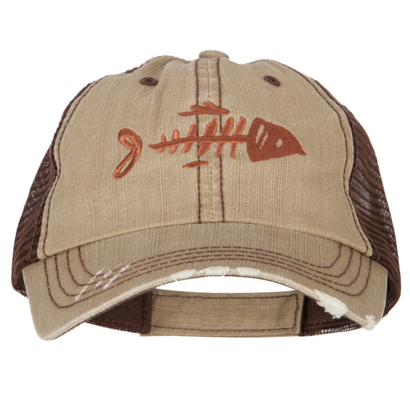Fish Bone Embroidered Low Profile Cotton Mesh Cap Khaki Brown One Size
