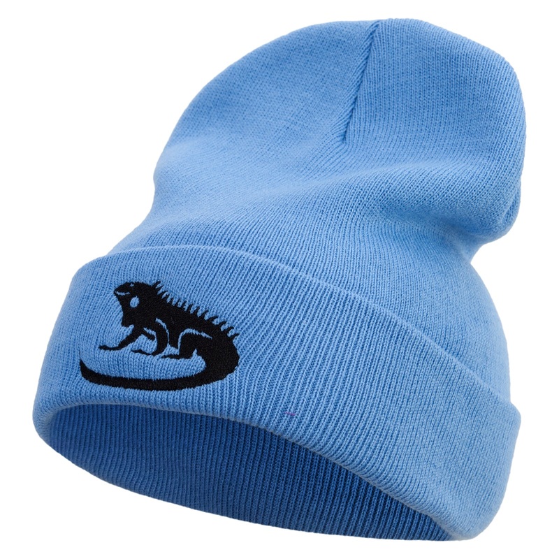 Iguana Embroidered 12 Inch Long Knitted Beanie Sky Blue One Size