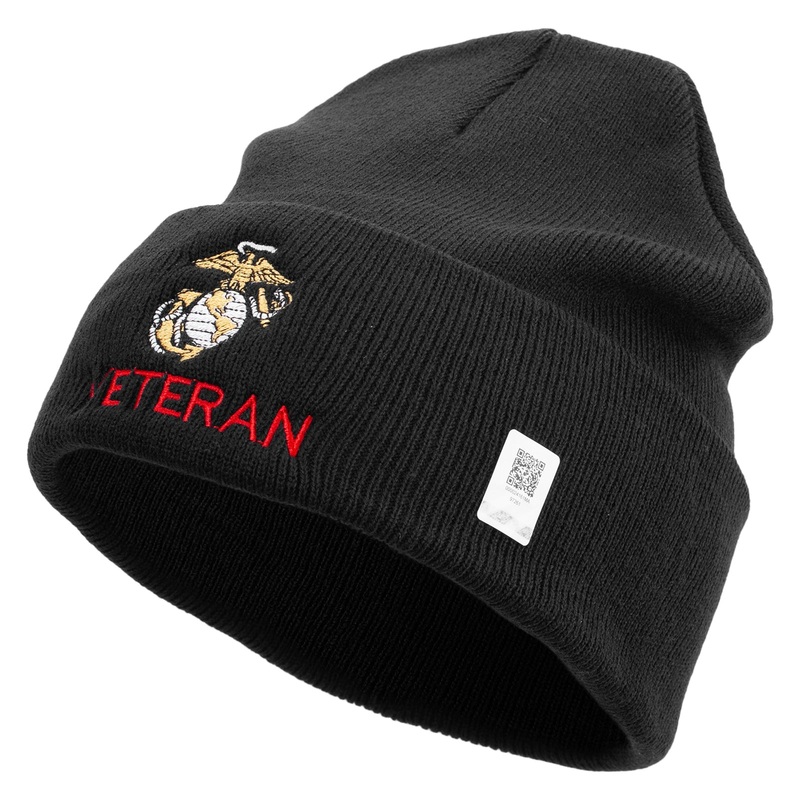 Marine Veteran Logo Embroidered 12 Inch Solid Knit Cuff Long Beanie Made in USA Black One Size