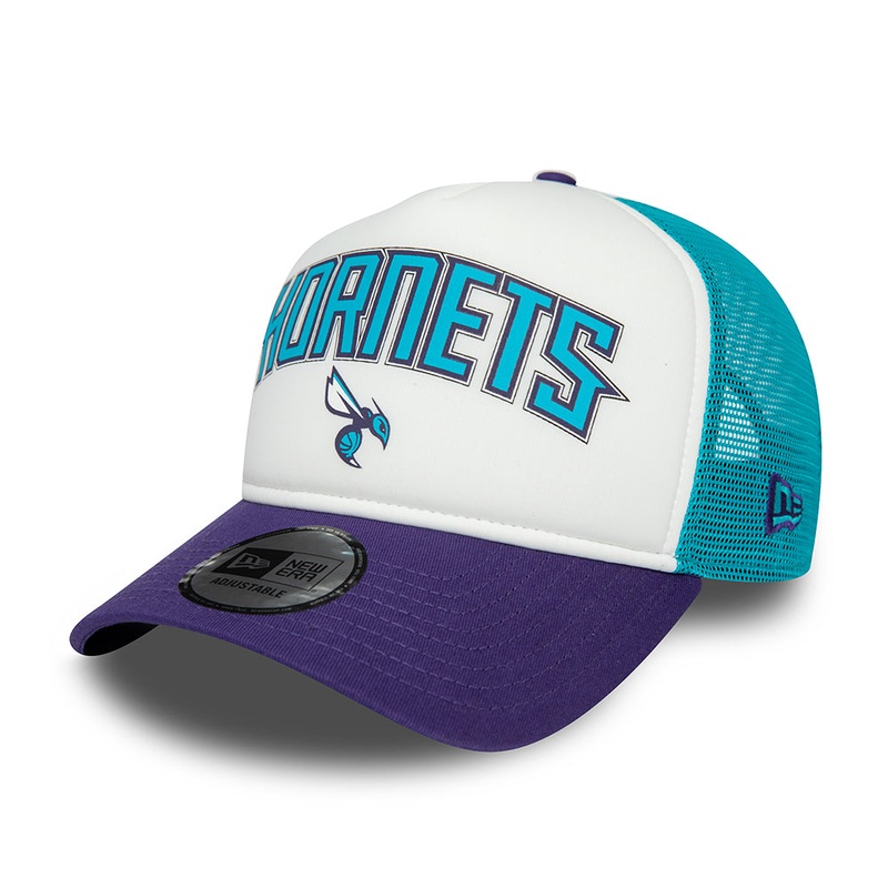 New Era Charlotte Hornets A-Frame Trucker Cap – NBA Retro – White-Purple-Teal Adjustable