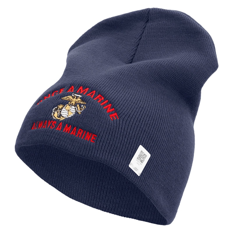 Once A Marine Always a Marine Symbol Embroidered 8 Inch Solid Knit Short Beanie Made in USA Navy One Size