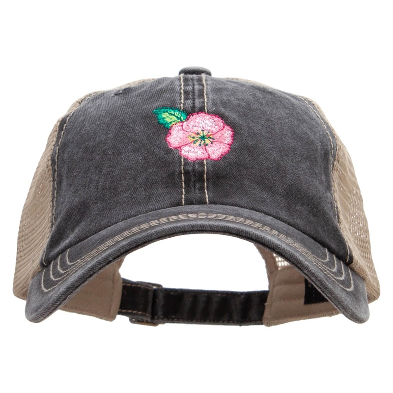 Pink Flower Embroidered Pigment Dyed Mesh Cap Black Khaki One Size