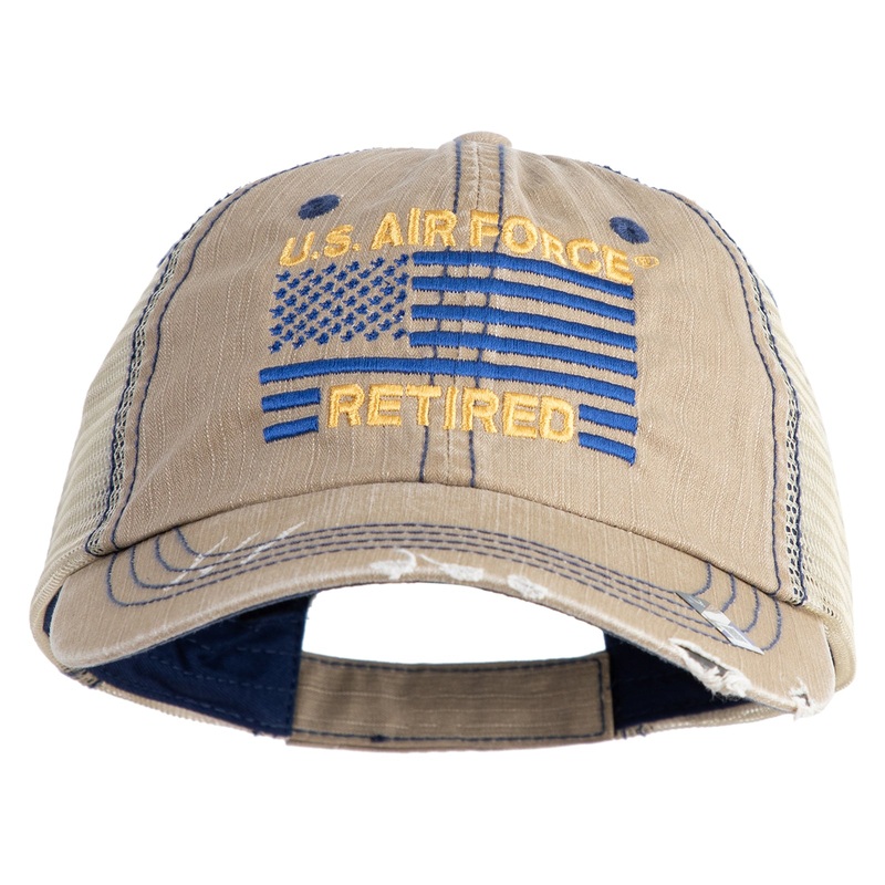 US Air Force Retired with Flag Embroidered Low Profile Special Cotton Mesh Cap Khaki One Size