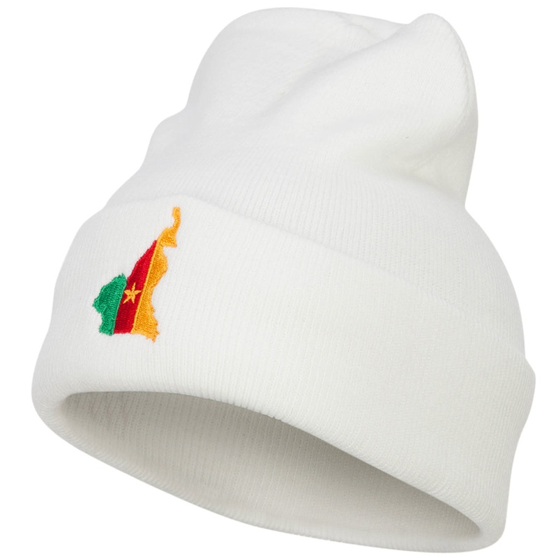 Cameroon Flag Map Embroidered Long Beanie White One Size