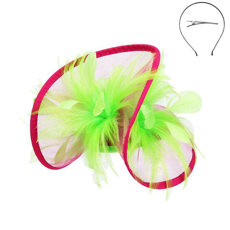 Feather Accented Rolled Tulle Fascinator Lime / Pink