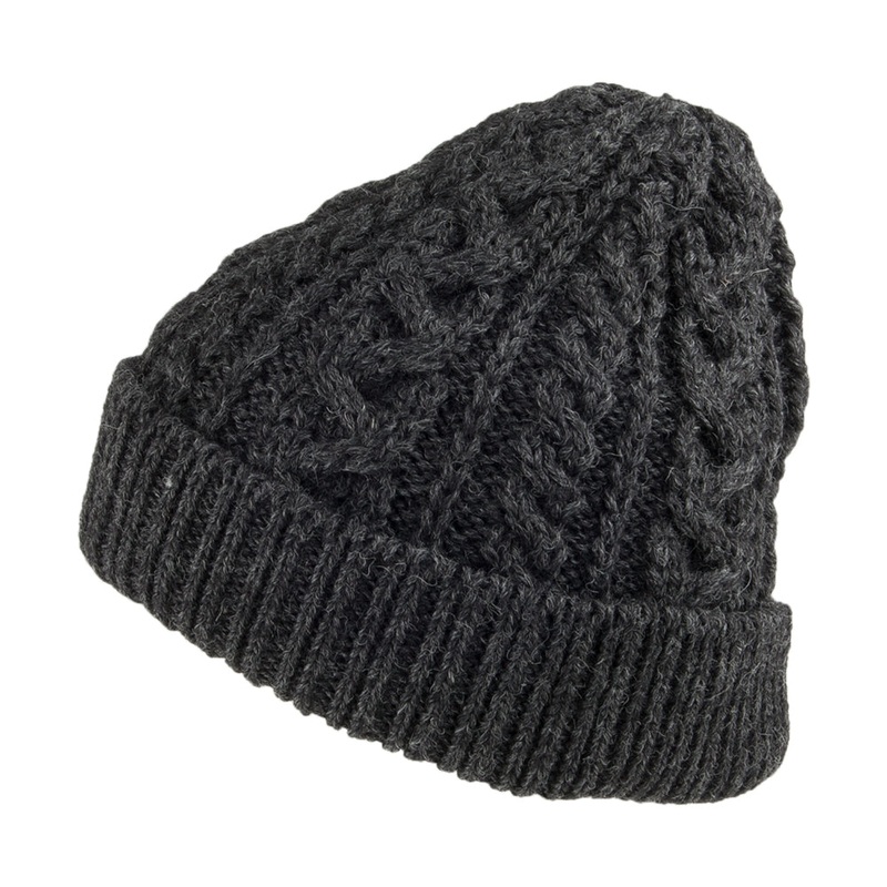 Highland 2000 Cuffed Cable Knit English Wool Beanie Hat – Charcoal 1-Size