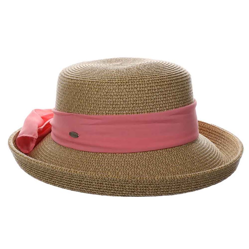 Up Brim Summer Hat with Chiffon Scarf – Scala Collection Hats Coral OS