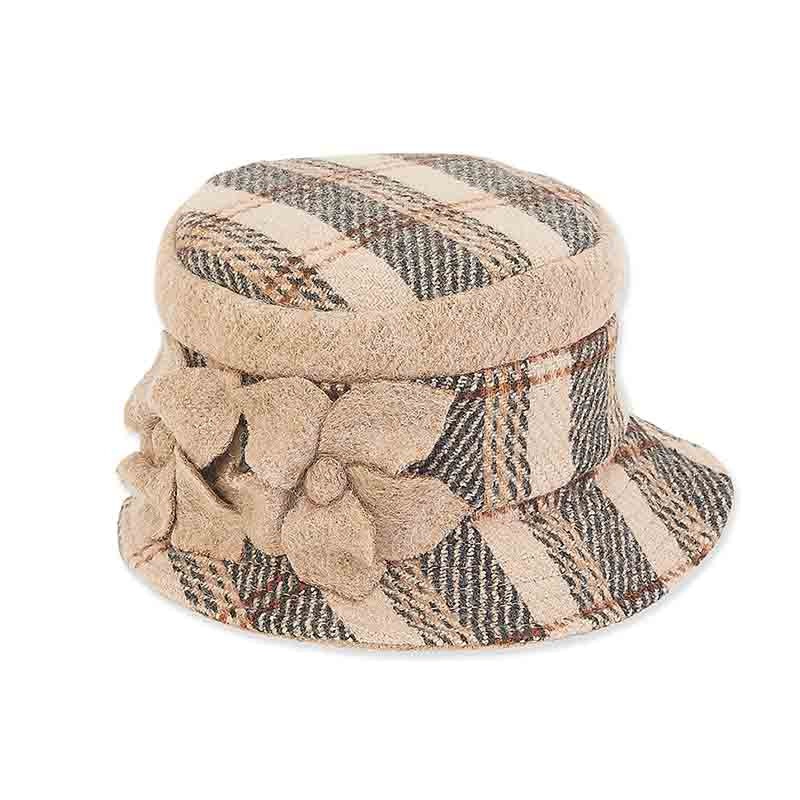 Adora Wool Hat – Plaid Soft Wool Beanie Hat with Floral Trim Camel