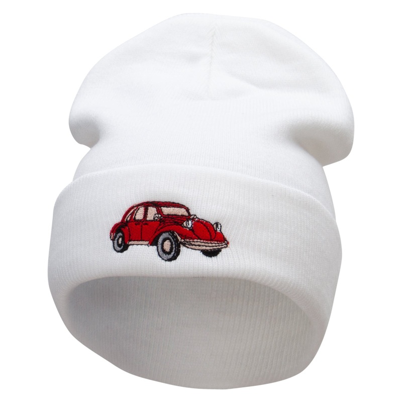 Classic Vehicle Embroidered 12 Inch Long Knitted Beanie White One Size