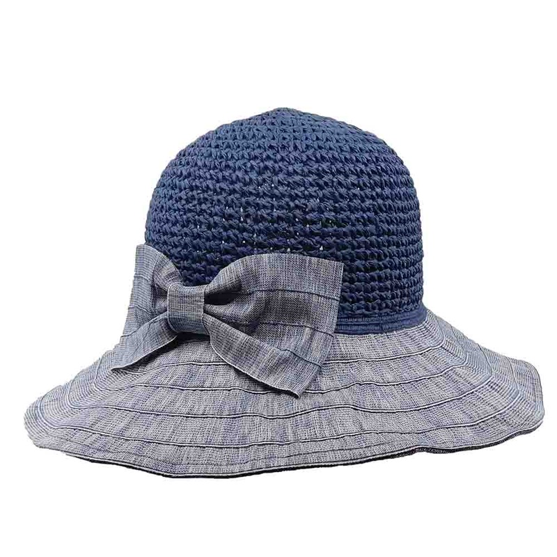 Crochet Crown Sewn Ribbon Brim Ladies Hat – Bohemian Fashion Blue