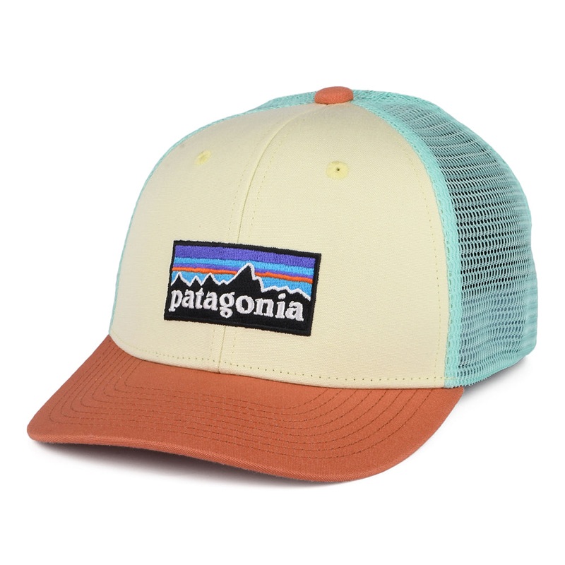 Patagonia Hats Kids P-6 Logo Organic Cotton Trucker Cap – Light Yellow-Coral-Mint CHILD ADJ.