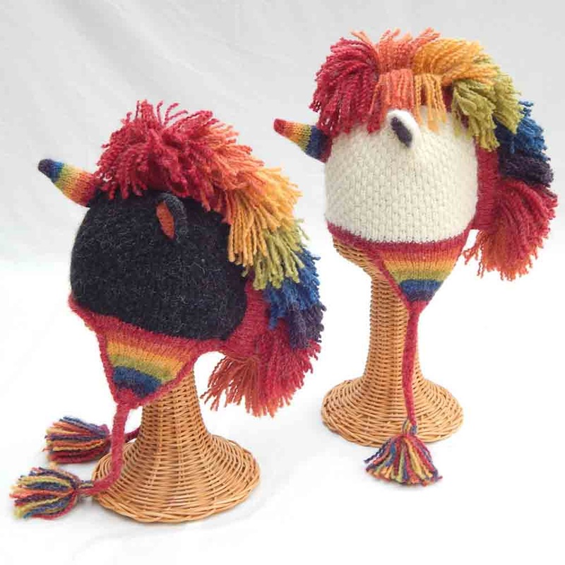 Peruvian Hand Knit Rainbow Unicorn Hat Cream