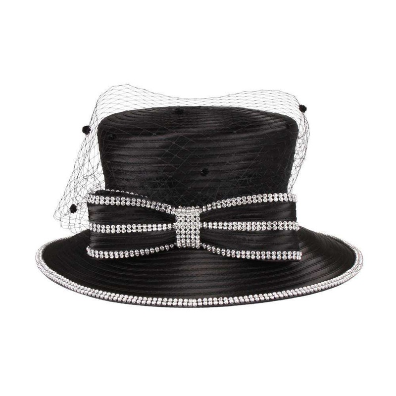 Rhinestone Bow Church Hat with Dotted Netting Black