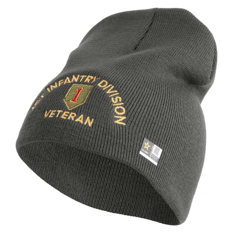 U.S. Army 1st Infantry Division Symbol Embroidered 8 Inch Solid Knit Short Beanie Made in USA Charcoal One Size