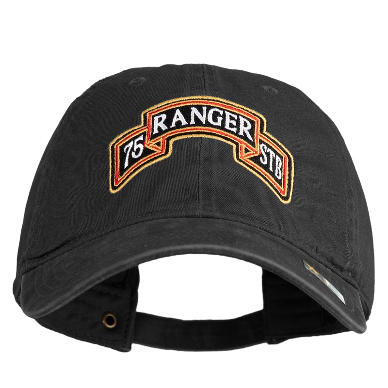 U.S. Army 75th Ranger Special Troops Battalion Embroidered Washed Solid Pigment Dyed Cotton Twill Brass Buckle Cap Black One Size