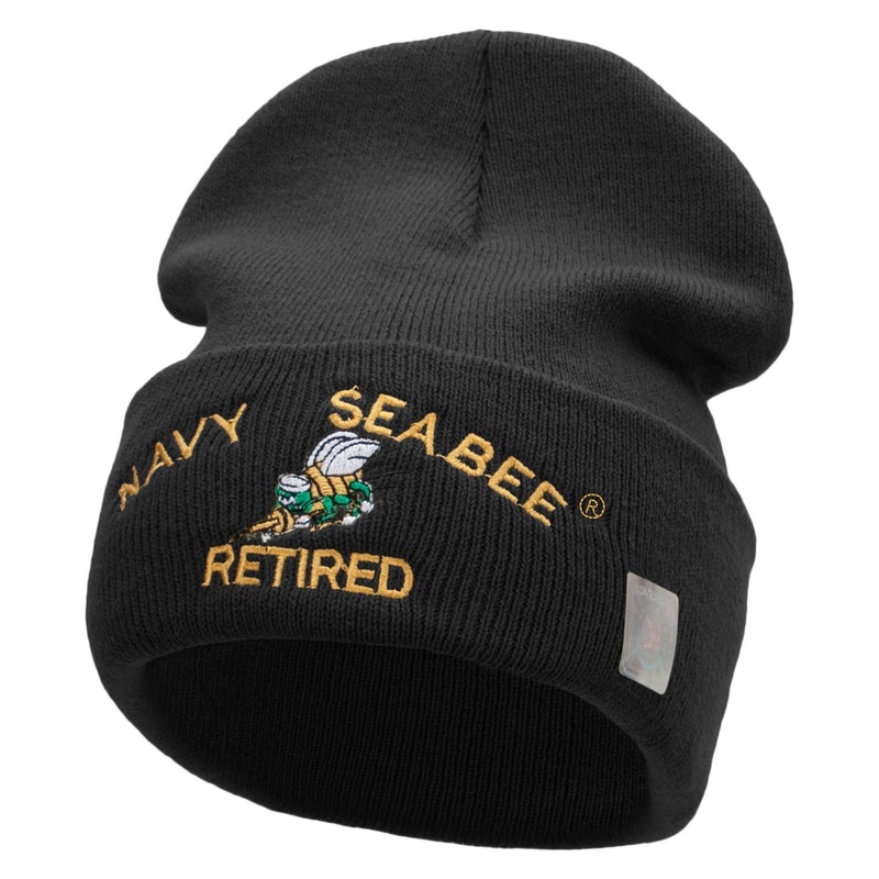 US Navy Seabee Retired Military Embroidered Long Beanie Made in USA Black One Size