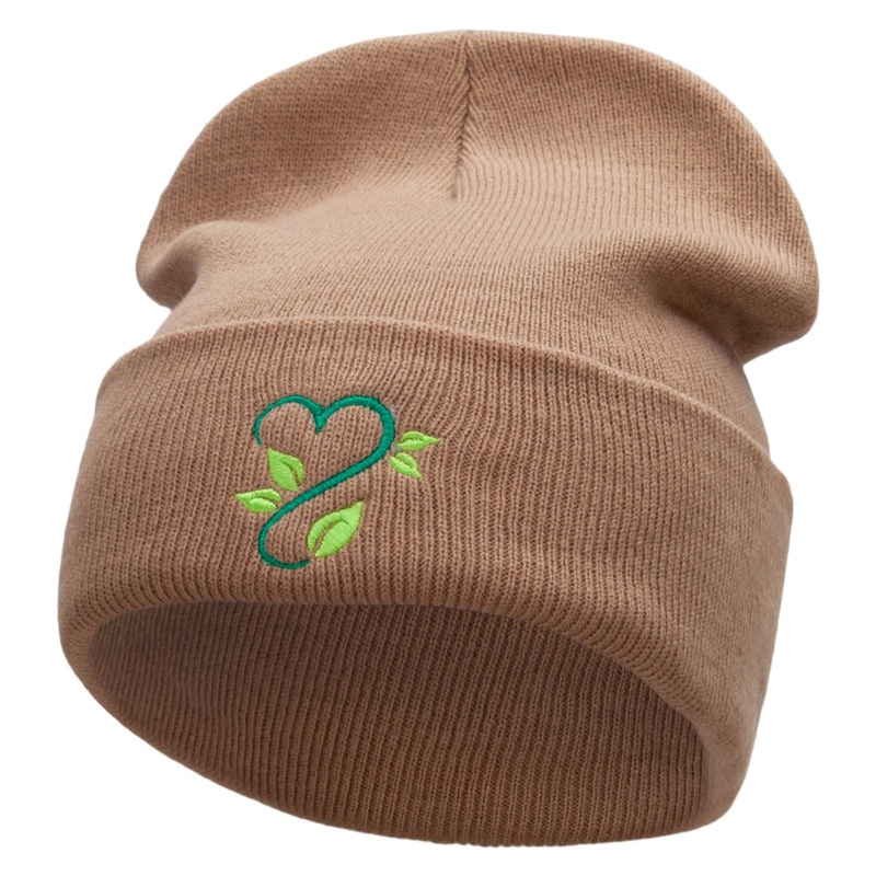 Vine of Love Embroidered 12 inch Acrylic Cuffed Long Beanie Khaki One Size