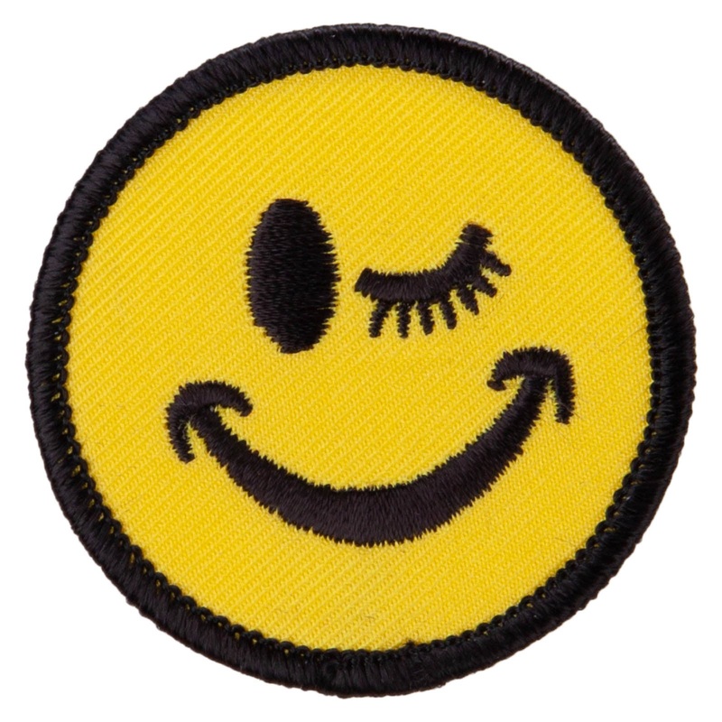 Winking Smile Face Embroidered Patch Black Yellow One Size