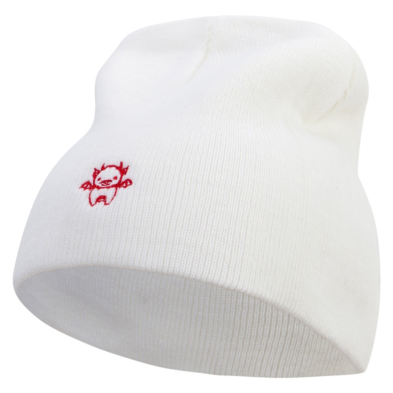 Cute Dragon Embroidered 8 Inch Knitted Short Beanie White One Size