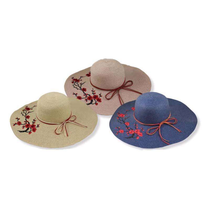 Embroidered Red Blossom Tree Sun Hat for Women Natural