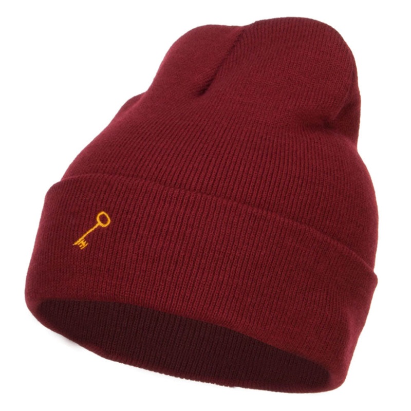 Mini Key Embroidered Long Beanie Maroon One Size