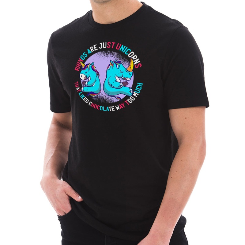 Unicorns and Rhinos Phrase Graphic Design Short Sleeve Cotton Jersey T-Shirt Black XS