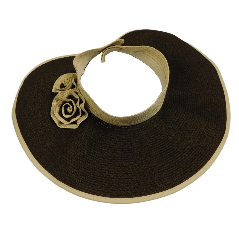 Wrap Around Roll Up Sun Visor Hat with Roses – Jeanne Simmons Accessories Brown/Natural